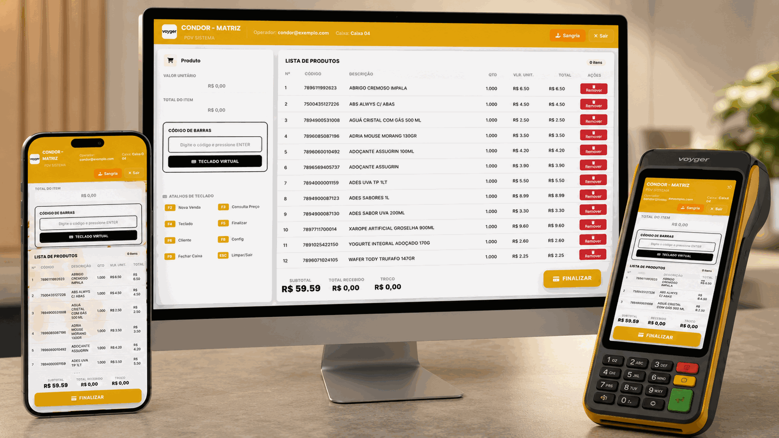 Voyger PDV em monitor, celular e terminal de pagamento